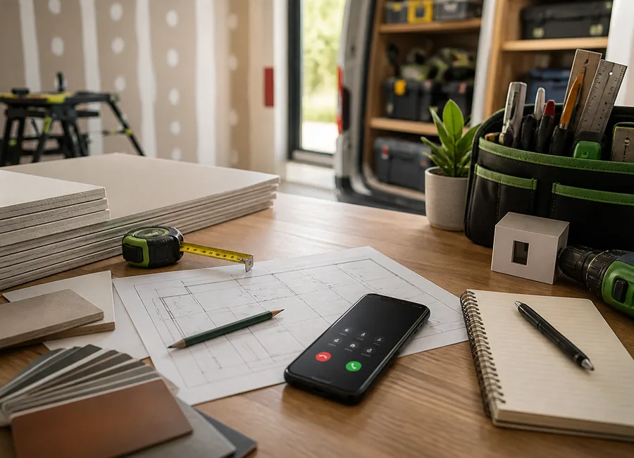 Mesa de reformas con teléfono, planos e materiais para orzamentos